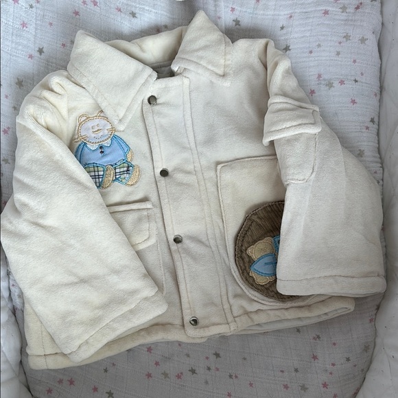 ⭒ 6M Cream Chunky Jacket Button Zipper Embroidered Bear Pockets Collar Velour ⭒ - Picture 2 of 13